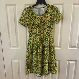 Yellow and green LuLaRoe fit and flare dress with pockets. Size small.